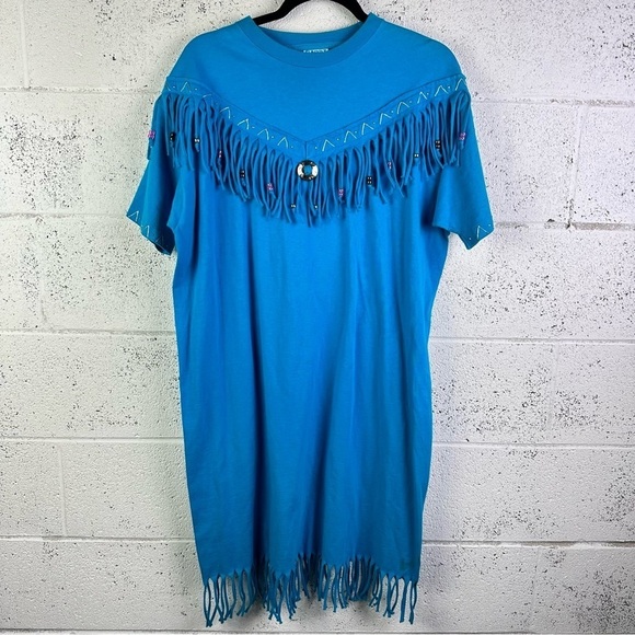Vintage 80s Sunbelt Sportswear Fringe Southwest T-Shirt Dress Western Bedazzled - Picture 1 of 8